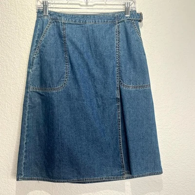 复古 Eddie Bauer A 字裹身裙女式 4 蓝色牛仔中号水洗棉 — 第 1/4 张图片