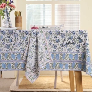 Vintage Blue Floral Block Print Tablecloth 100% Cotton Dining Decor Table Linen - Picture 1 of 6