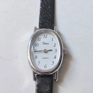 Vintage Timex Cavatina Watch Women 18mm Silver Oval Black Leather New Battery - Picture 1 of 7