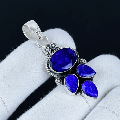 Zaffiro Blu Creato IN Laboratorio Gemma Ciondolo 925 Argento Gioielli Per Regali - Immagine 1 di 4