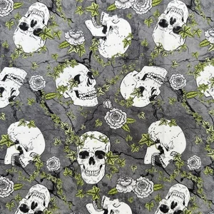 Nutex Fabric - Gothic Skulls & Green Ivy on Grey Quilting Craft Fabric Material - Picture 1 of 7