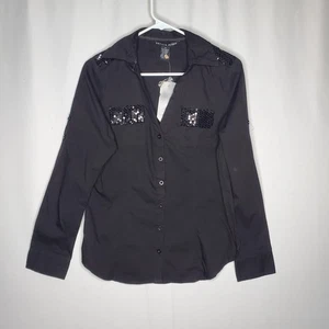 Antilla Femme Hemd mit geknöpftem Kragen Damen Medium schwarz Stretch Pailletten Rollriegel Y2K - Bild 1 von 8