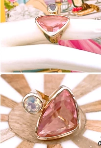 Marley Simon, Geometric Ring, Gold Plated Sterling Silver, Pink & White, Size 5 - Picture 1 of 18