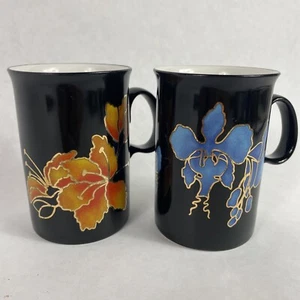 2 Ruth Boden Fiji Mugs Black W/ Gold-Gilt Blue Orange Porcelain Dunoon Scotland - Picture 1 of 15