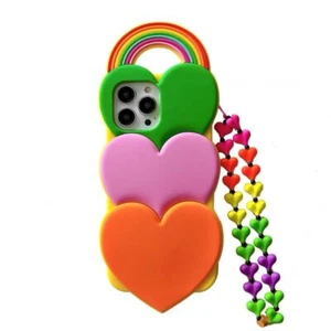 3D Triple Love Heart Case For iPhone 14 Pro Max 13 Raonbow Silicone Cover Strap - Picture 1 of 12