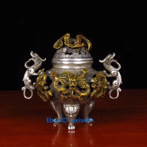 Old Tibet Silver Fengshui Nine Dragons Playing with Beads Incense Burner Censer - Picture 1 of 9