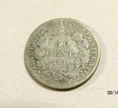 France 1871-K 50 Centimes Silver Old Coin - Image 1 of 4