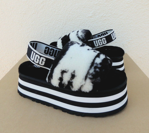 SANDALI PANTOFOLE UGG NERI DISCOTECA MARMO FLUFF SLIDE DONNA US 9 EUR 40 ~ NUOVI