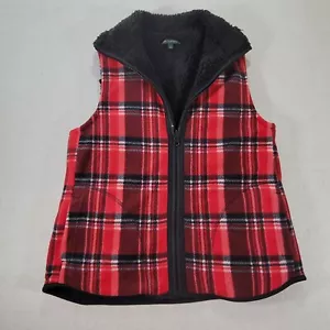 For Cynthia Medium Red Plaid Flannel And Black Sherpa Lined Full Zip Vest - Picture 1 of 18