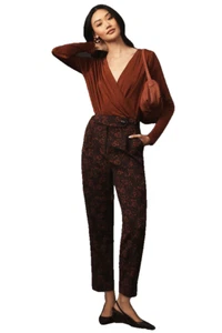 By Anthropologie Maeve Jacquard High-Rise Trousers red color nwt new size 8 - Picture 1 of 11