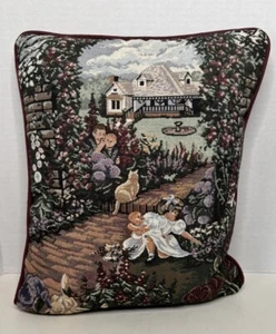 Tapestry Farmhouse Vintage Floral Garden Children Cat  Throw Toss  Pillow 12x14 - Picture 1 of 4