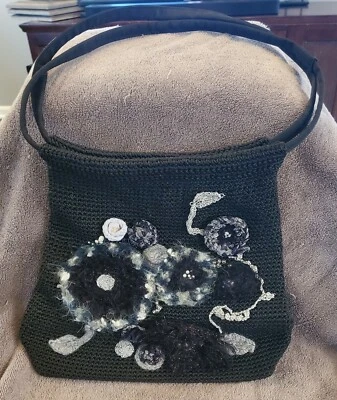 Cartera Crochet Flor Negra Hobo Bolso Negro Cierre a Presión 11 pulgadas Foto 1 de 4