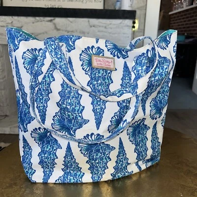 Bolso Lily Pulitzer para Estee Lauder TOTE Shell Azul Blanco Turquesa Forro Playa Foto 1 de 4