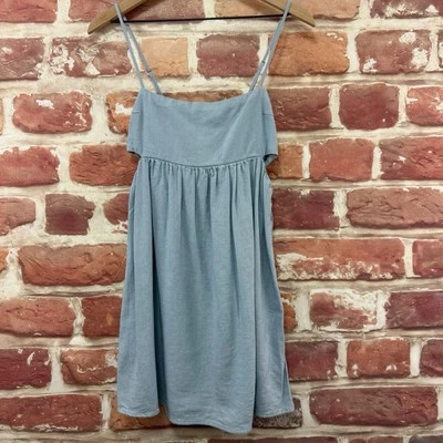 Vestido Love Tree para mujer pequeño azul mezcla de lino recorte espalda informal verano popover Foto 1 de 4