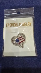 Patriotische Herz amerikanische Flagge Brosche Anstecknadel Strass rot weiß blau silberfarben - Bild 1 von 3