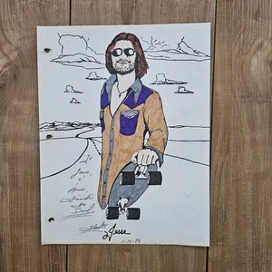 VINTAGE 1980'S PORTRAIT HAND DRAWING OF SKATEBOARDER LOOKS LIKE BIG LEBOWSKI - Picture 1 of 7
