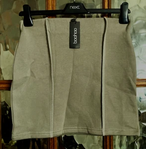 BNWT Ladies BOOHOO Pull On EXPOSED SEAM Washed KHAKI Elasticated MINI Skirt M - Picture 1 of 3