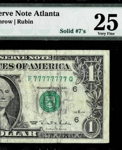 1995 $1 FR NOTE SOLID #7 SERIAL 77777777 Solid Seven Lucky Fancy Number PMG VF25 - Picture 1 of 2