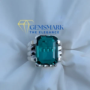 Anillo Esmeralda Cuadrado Hecho a Mano, Anillo de Plata de Ley 925, Anillo Zamurdo Cultivado en Laboratorio - Imagen 1 de 5