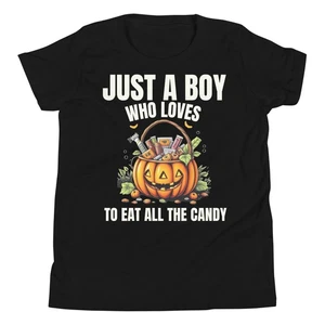 Just A Boy Who Loves to Eat all the Candy Halloween 2025 Youth T-Shirt - Picture 1 of 6