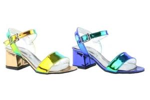 Sirri Niñas Holográficas Tacón Bloque Sandalias Correa al Tobillo Metálicos Zapatos de Fiesta - Imagen 1 de 13