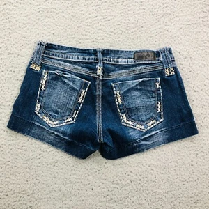 Daytrip Scorpio Shorts Women 29 Blue Denim Low Rise Thick Stitch Fade Rhinestone - Picture 1 of 10