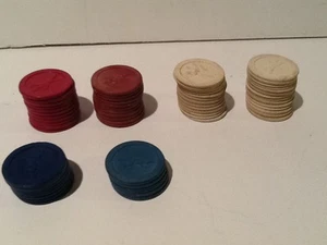 VINTAGE POKER CHIPS RED WHITE & BLUE POKER CHIPS JOCKEY RIDING HORSE 60 pcs - Picture 1 of 5
