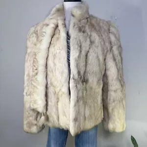 Vtg White Genuine Rabbit Fur Coat Fox Tail Collar Pockets Boho Indie Glam M - Picture 1 of 12