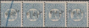 Stamp duty 1926 Tasmania 1d blue strip of 4 all with variety skipped bottom perf - Picture 1 of 2