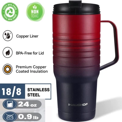 HAUSHOF 24oz Travel Mug with Handle, Stainless Steel Vacuum Insulated Leak Proof
