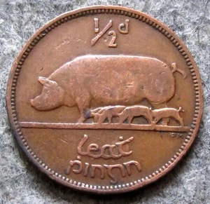 IRELAND 1943 1/2 PINGIN - 1/2 PENNY - HALFPENNY SOW & PIGLETS, Gaelic Harp - Picture 1 of 6