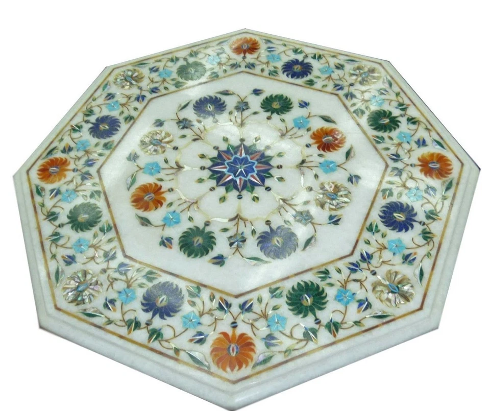 18" white coffee Table Top Pietra Dura lapis Inlay art Handmade Work Home Decor - Image 1 of 1