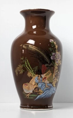 Винтажная азиатская коричневая ваза золотой фазан птицы цветочный декор - Изображение 1 из 4