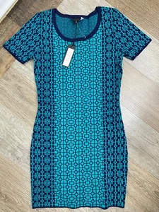 Romeo + Juliet Couture Bodycon Dress Blue Peacock Geometric Short Sleeve S NWT - Picture 1 of 8