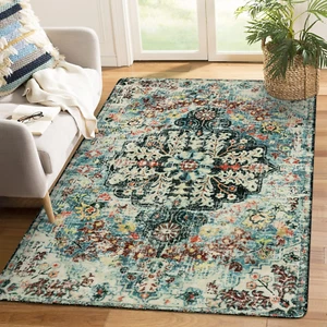Bohemian Floral Medallion Area Rug - 4X6 Teal Soft Bedroom Rug Washable Entryway - Picture 1 of 12