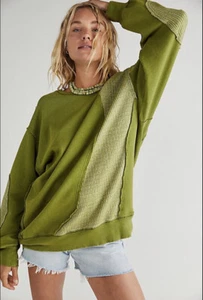 Free People Waves Thermal Sweatshirt Pullover Oversize Thermal Green M NWT - Picture 1 of 5