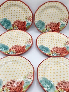 🌟SET 6~Pioneer Woman Blossom Jubilee 8.5" Salad Luncheon Plate Yellow Polka Dot - Picture 1 of 6