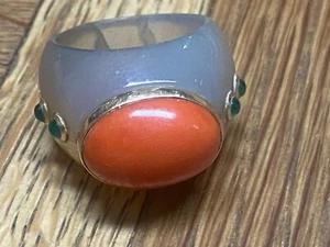 Unique TRIANON 18k Gold Chalcedony Emeralds & Huge Red Coral Cabochon Ring 7.5 - Picture 1 of 13