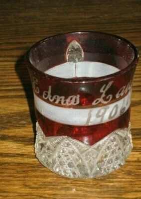 Antique EAPG Ruby Flash Souvenir Glass Mug W/Handle 3" h Edna Laufer 1906 - Image 1 of 4