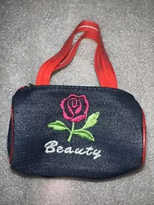 Adorable Small Denim Bag With Zipper & Handles Embroidered With “Rose & Beauty” - Picture 1 of 18