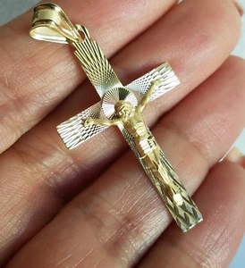 2 inch tone 14k yellow Gold Jesus Crucifix Cross Pendant charm - Picture 1 of 12