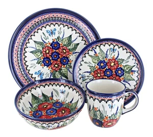 Blue Rose Polish Pottery - Red Floral Butterfly 4 Piece Place Setting - Service - Picture 1 of 2