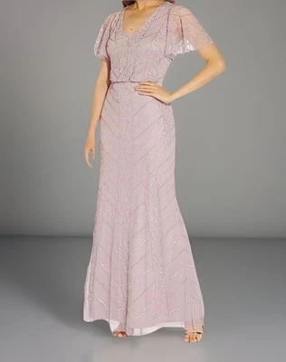 Adrianna Papell Women's Sz 10 Gown Pink Mauve Short-Sleeve Beaded Raw Hem - Image 1 of 4