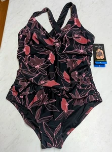 Costume intero donna Eddie Bauer nuovo con etichetta increspato modellante nero marrone taglia L - Foto 1 di 10