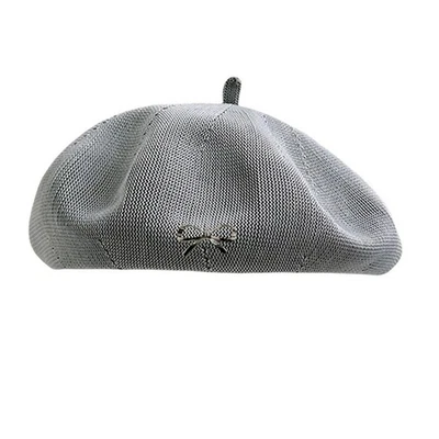 Women Summer Lightweight Solid Color Beret Thin Sweet Beret Hat with Bow Decor - Image 1 of 4