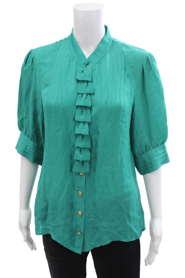 Blusa Walter Mujer Seda Plisada Detalle Volantes Manga Corta Verde Talla 10 Foto 1 de 4