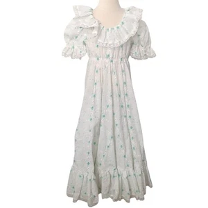 Vintage 1970s Prairie Dress Girls 7/8 Eyelet Lace Ruffle Blue Floral Handmade - Picture 1 of 11