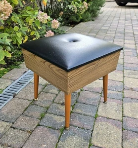 Vintage 60's Sherborne Sewing Box Stool Wood Black Vinyl Retro MCM Dansette Legs - Picture 1 of 21