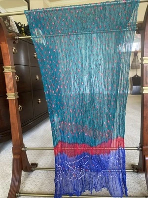 Vintage Sheer Silk Scarf Boho Hand Dye Artsy Bandhani Resist-Dye Green Blue Red - Image 1 of 4