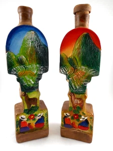 Hand Painted Peruvian Red Clay set of 2 Decanters Machu Picchu CIRCA 1970s - Picture 1 of 9